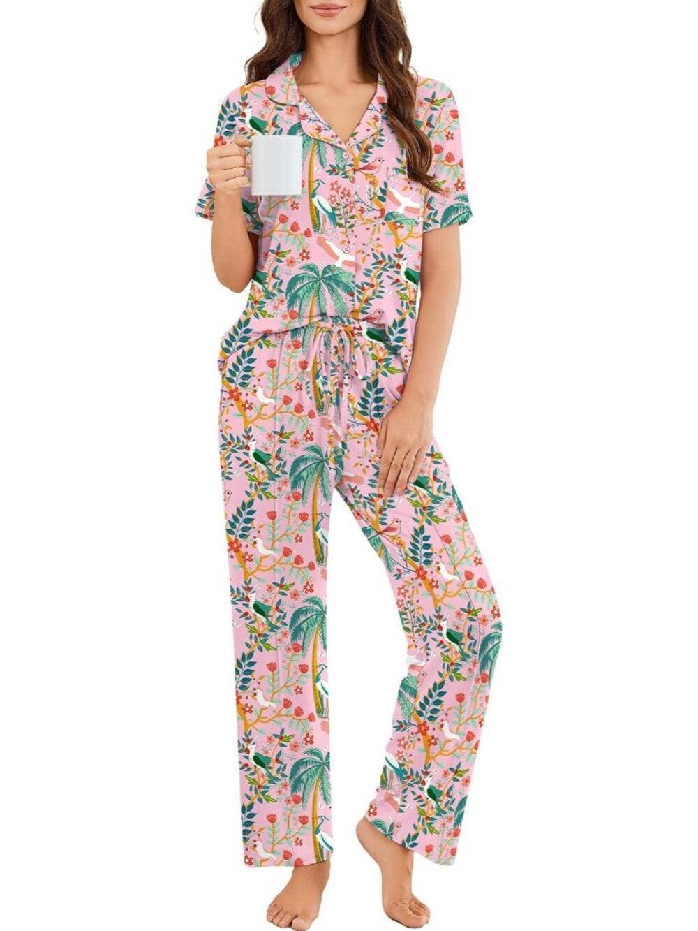 Women Tropical Print Button Up Short Sleeve Shirt Sleepwear Pajamas Set